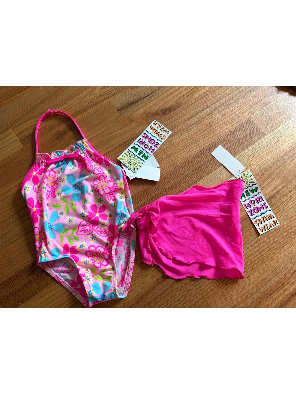 Vintage New Horizons Girls 3T Floral Swimsuit & Sarong NWT Y2K Deadstock